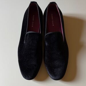 Perry Ellis Black Velvet Slip-On Loafers with Burgundy Lining